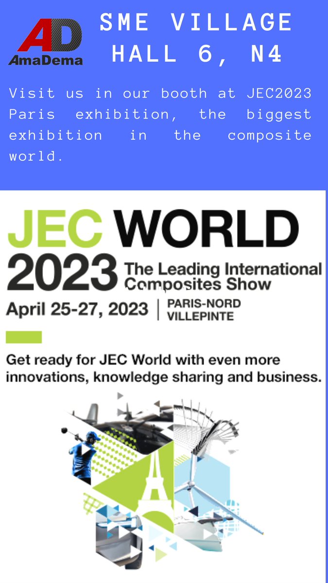 NanoWeld's tweet photo. AmaDema is exhibiting in JEC 2023 in Paris this April.

#amadema #jec2023 #JEC #JecWorld #jecparis #nanoweld #compositematerials #nanofabrics https://t.co/ML6NX0OVMn