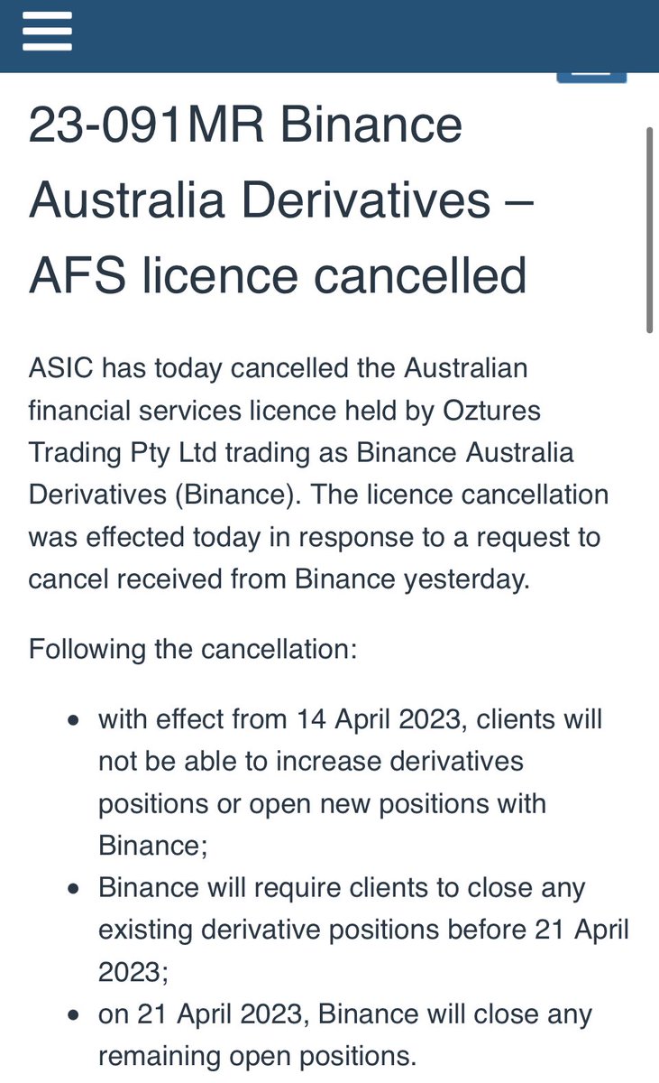 BTC速報:オーストラリアの規制当局(ASIC)はバイナンスオーストラリアの仮想通貨デリバティブライセンス(AFSライセンス)の取消しを発表。ユーザーは新規ポジションを持てず、21日までに全てのポジション清算を求める  #ビットコイン #仮想通貨 #Bitcoin #イーサリアム ...