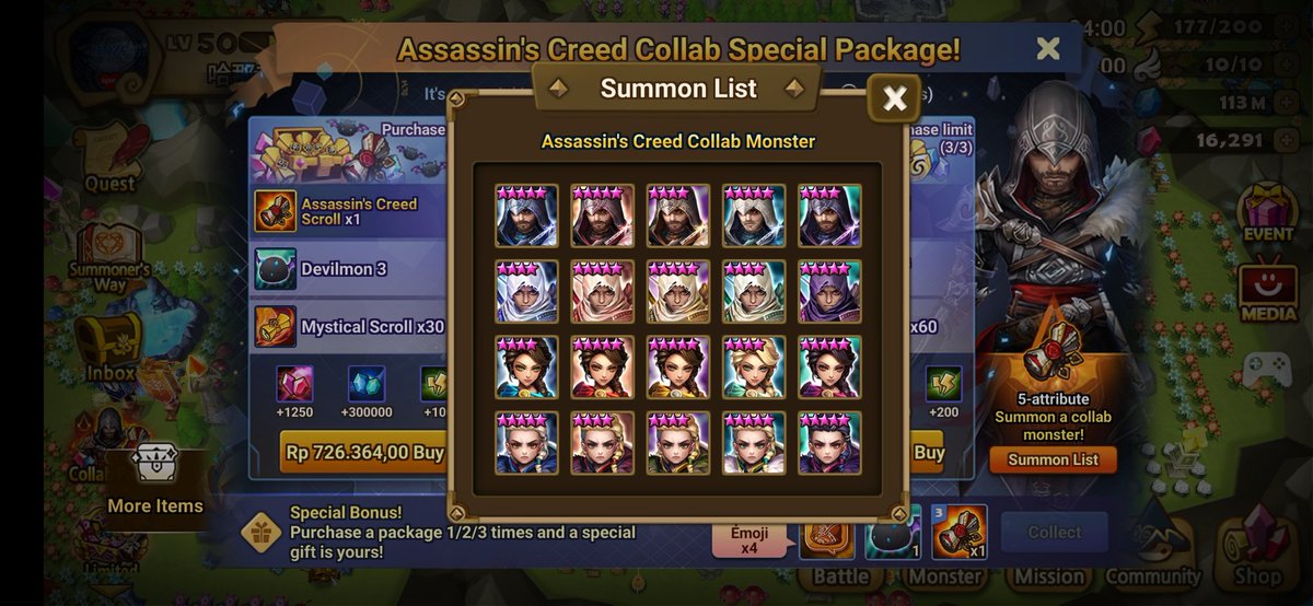 SugiantoHana's tweet photo. Summoners War 🔘✧ Collab Pack ✧ More Items🔘 Th'an Beachwalk Assassin's Creed I'm Evelyn🎀
🎁Special Bonus!
Purchase a package 1/2/3 times and a special gift is yours! Special Emoji x4. Thank!🙏
#HanaSugiato #Com2uS #CollabPack #MoreItems #AssassinsCreed #SummonersWarSkyArena https://t.co/Ake9CxIfGB