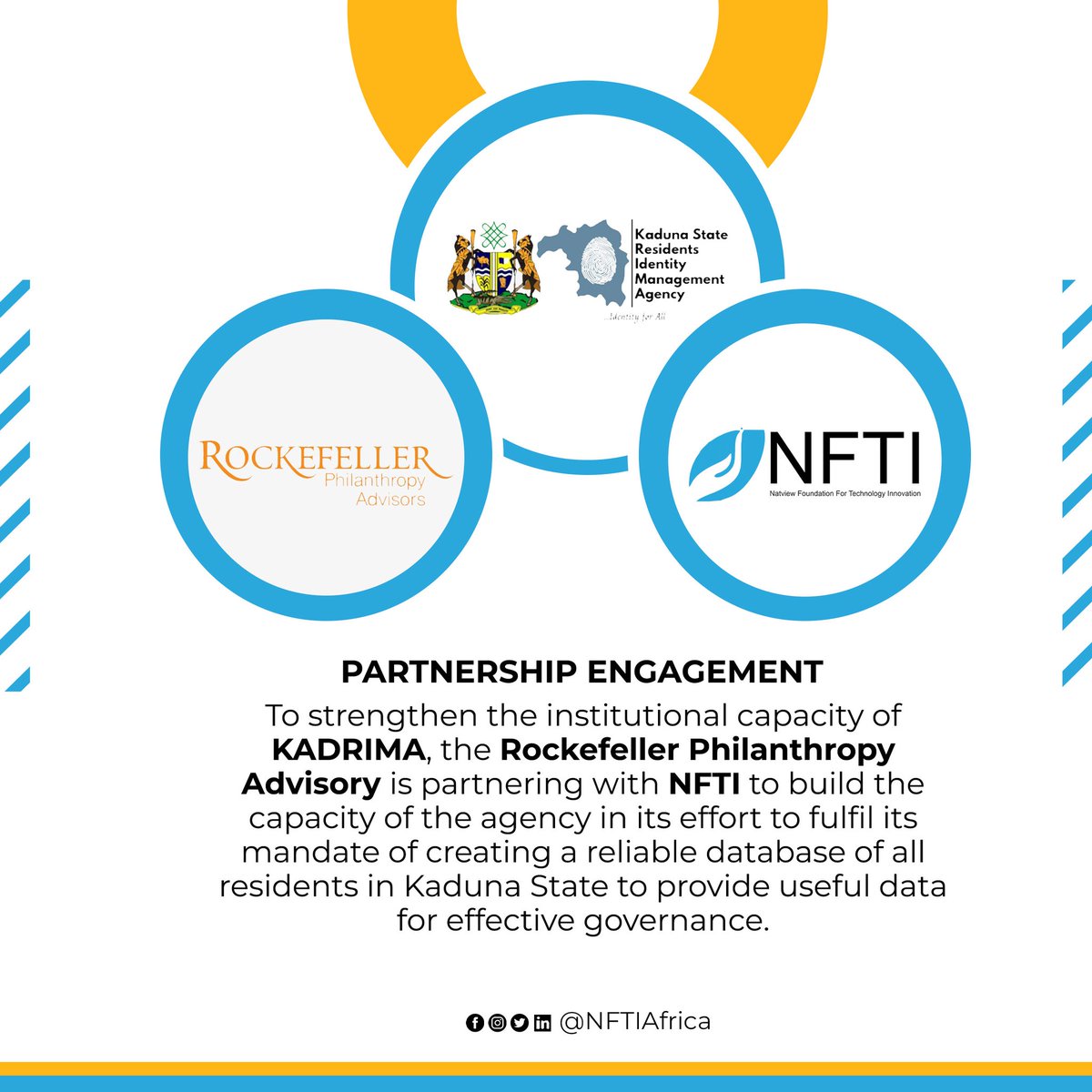 NFTIAfrica's tweet photo. To strengthen the institutional capacity of @KADRIMA_KDSG, the Rockefeller Philanthropy Advisory is partnering with NFTI to build the capacity of the agency in its effort to fulfil its mandate of creating a reliable database of all residents in Kaduna State... https://t.co/4THIwBeuoE