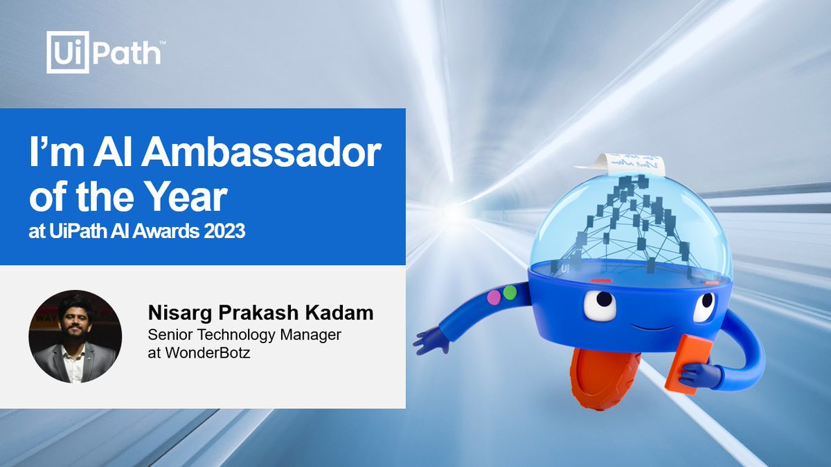 Exciting news! 

Honored to have been recognized as an AI Ambassador of the Year at the @UiPath #AI Awards 2023. Can't express how happy and grateful I am. Thanks to #UiPath for this amazing recognition and to #UiPathCommunity. #UiPathAIAwards #AIambassador #grateful @vibs_sri
