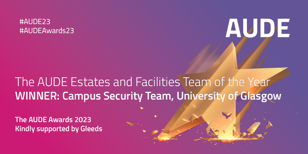 Congratulations to our @uofgsecurity team on winning the @AUDE_news Estates/Facilities Team of the Year Award! Your innovation, hard work and dedication have made the @UofGlasgow a safer place to study, work and carry out research. Well done! 🎉👏
