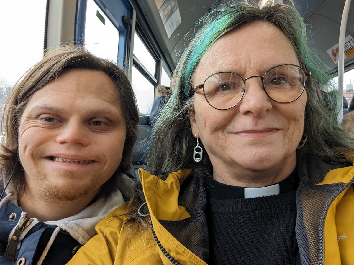 Me & Brent on bus to Durham for Chrism Mass at the cathedral. Preaching tonight, first time, for ages. Footwashing may be involved. Thought for #MaundyThursday: Holy Ground can be found in the most unexpected of places & it's not always comfortable #HolyWeek2023 #HolyThursday