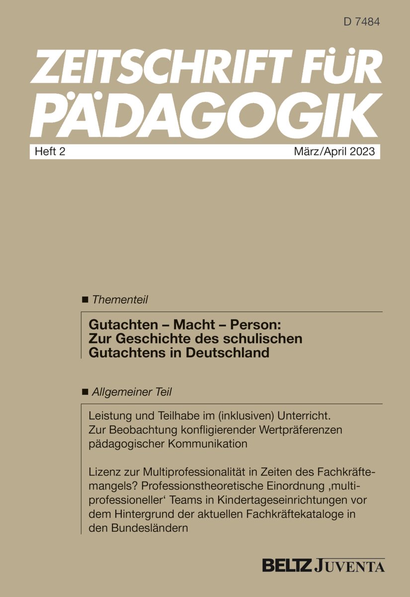 Unser Heft 2/23 ist da! Der Thementeil beschäftigt sich mit der Geschichte des schulischen Gutachtens in Deutschland. Außerdem im Heft: Zwei Beiträge im Allgemeinen Teil, drei Buchbesprechungen und die Pädagogischen Neuerscheinungen. Hier entlang: bit.ly/3GJLPdR