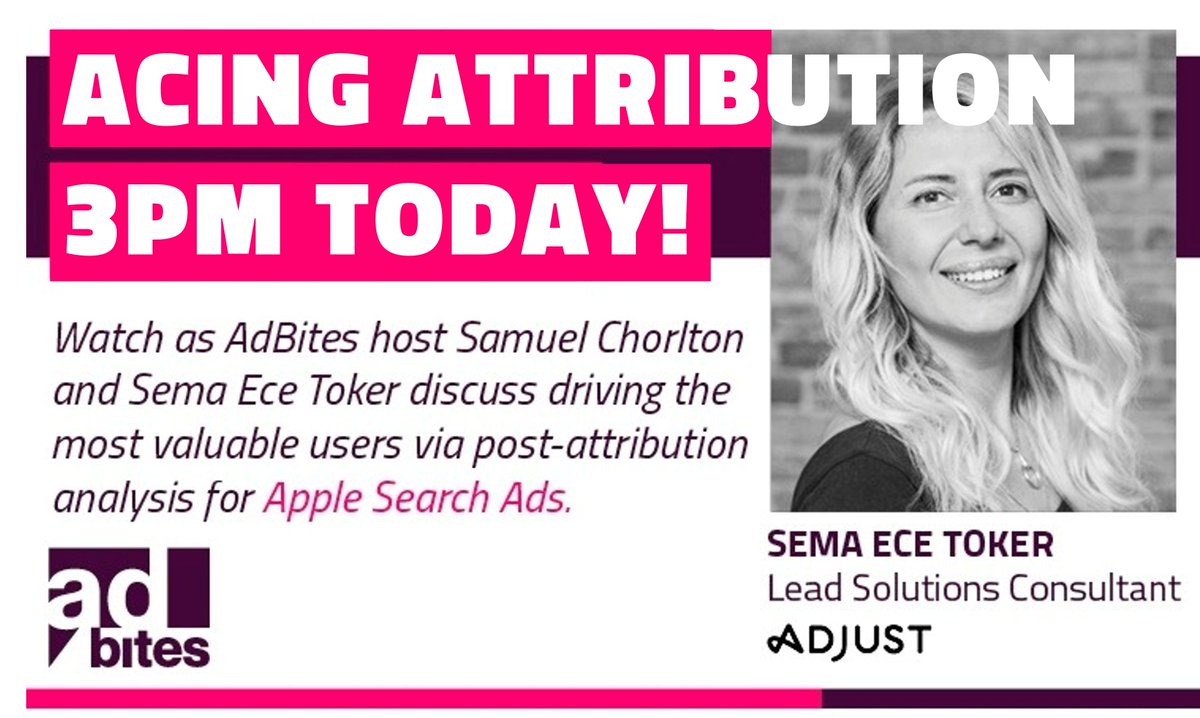 Take 30 mins today to join this live vodcast about #AppleSearchAds: using attribution analysis to grow your most valuable users; our guest is <a href="/semaecetoker/">Sema Ece Toker</a> of <a href="/adjustcom/">Adjust</a> 
#AdBites kicks off at 3pm UK; join for free: shorturl.at/jsJTZ