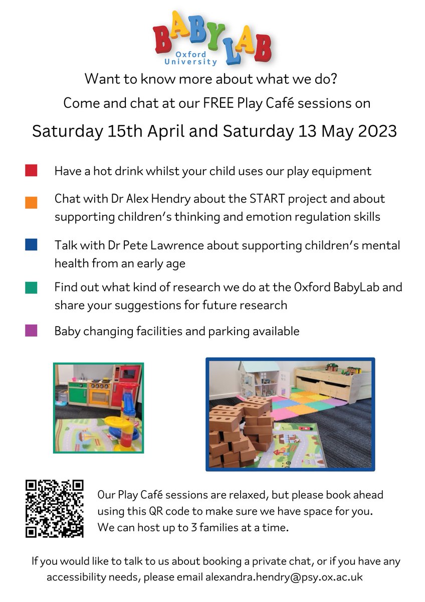 We're hosting a free play session on Saturday 15th April, for families with children 3 years and under. All welcome, but please book ahead to make sure things don't get too crowded. calendly.com/oxfordbabylab/… Please RT