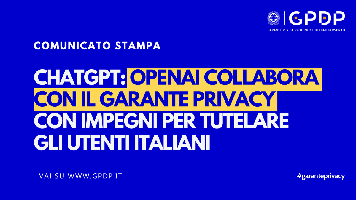 GPDP_IT's tweet photo. Dopo l'incontro con il #GarantePrivacy, #OpenAI si impegna a rafforzare trasparenza nell’uso dei dati, meccanismi per l'esercizio dei diritti e  garanzie per i minori. Atteso in giornata un documento con le misure per attuare le richieste dell’Autorità https://t.co/FJA1KY5TVl https://t.co/9qQ5qHikM4