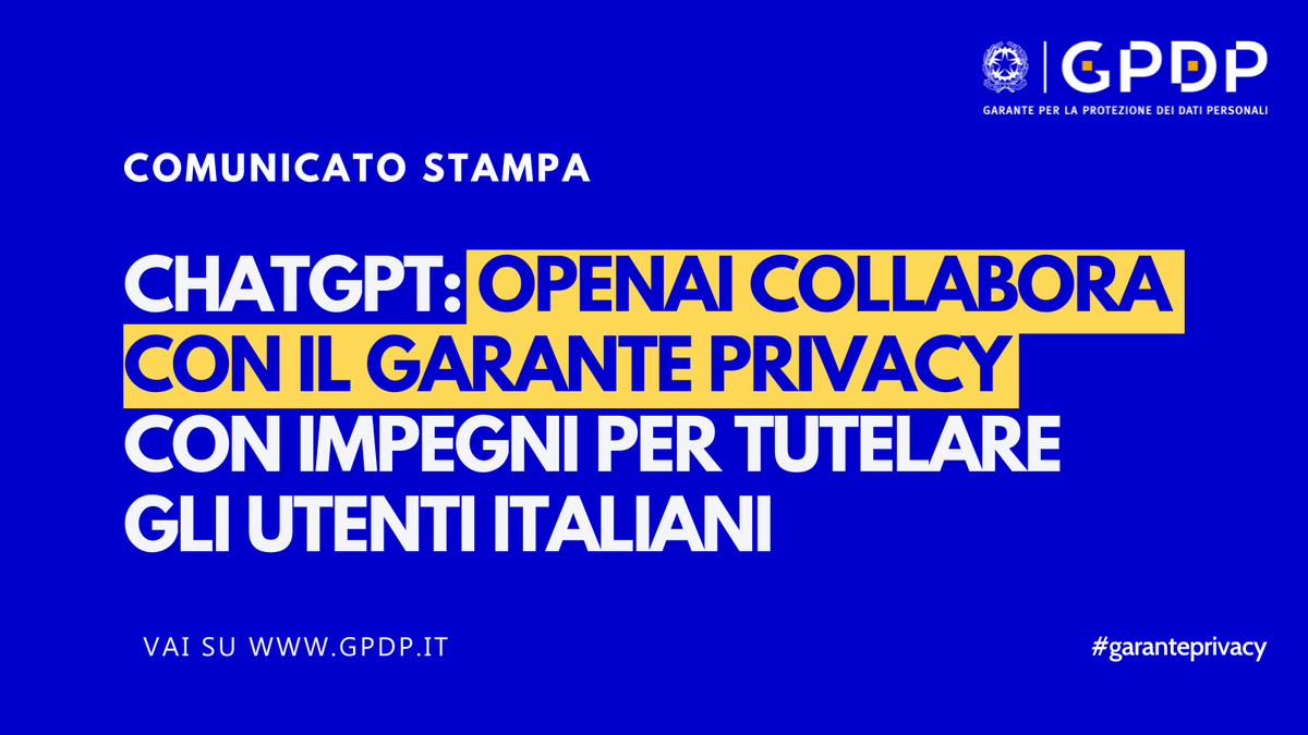 Dopo l'incontro con il #GarantePrivacy, #OpenAI si impegna a rafforzare trasparenza nell’uso dei dati, meccanismi per l'esercizio dei diritti e garanzie per i minori. Atteso in giornata un documento con le misure per attuare le richieste dell’Autorità gpdp.it/home/docweb/-/…