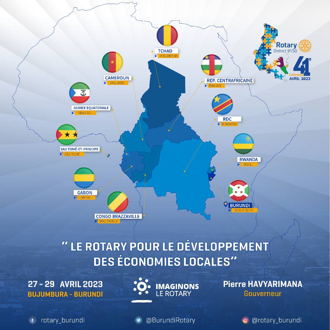 10 #pays à l'honneur pour la Conférence de #District9150 au #Burundi

#41è_CDD_Bujumbura
#Rotaryinternational
#District9150
#Rotaryburundi
#Rotaractburundi
#Imaginonslerotary