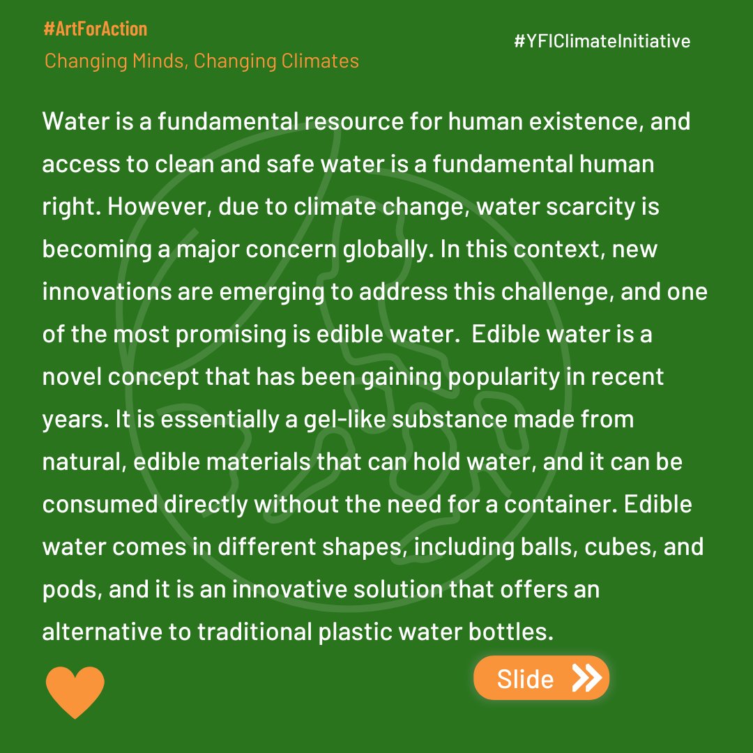 yfinfluencers's tweet photo. Did you know that edible water is a climate resilient approach, but it can be expensive for developing countries and the African continent? Learn more in our latest blog post on Art For Action by Young Female Influencers. #ClimateResilience #EdibleWater #Sustainability https://t.co/VbQxrpOzMJ