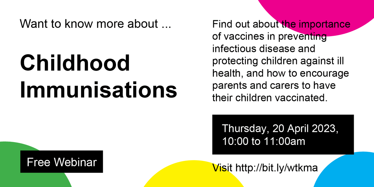 PHRCLeeds's tweet photo. Free #WTKMA webinar on Childhood Immunisations, Thursday 20 April 2023, 10 to 11am, delivered by specialists from the #Leeds #PublicHealth #HealthProtection team. To find out more or book a place, visit https://t.co/Ru6PKD1VI1 https://t.co/xLaPMsOQU4