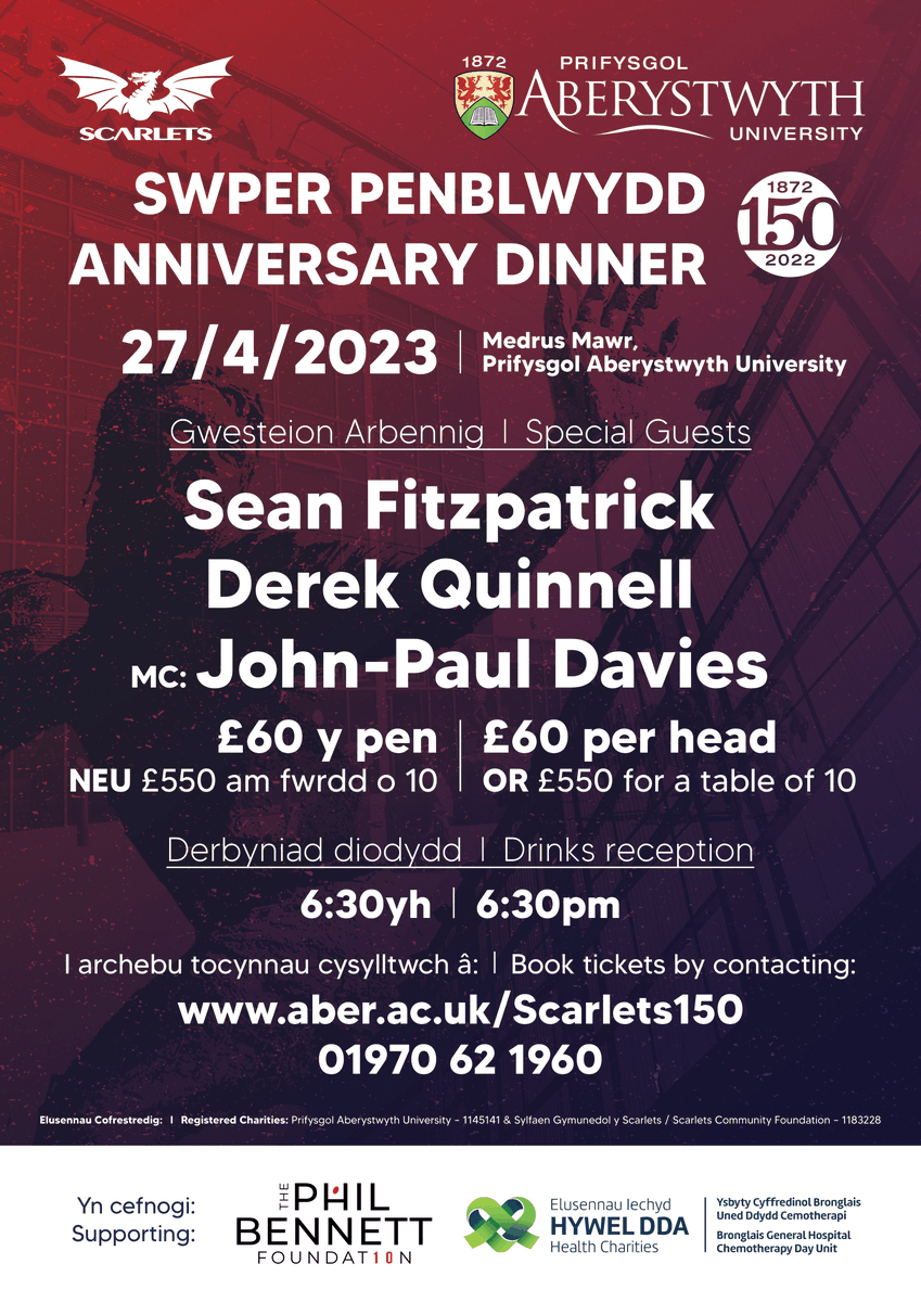 An evening to celebrate the 150th anniversary of The Scarlets and Aberystwyth University

🗓️27 April, 2023 
📍Medrus Mawr, Aberystwyth University 
🕧18:30 
⭐️ Special Guests:  Sean Fitzpatrick &amp; Derek Quinnell
<a href="/scarlets_rugby/">Scarlets Rugby</a> 

🎟️For tickets please visit: aber.ac.uk/Scarlets150