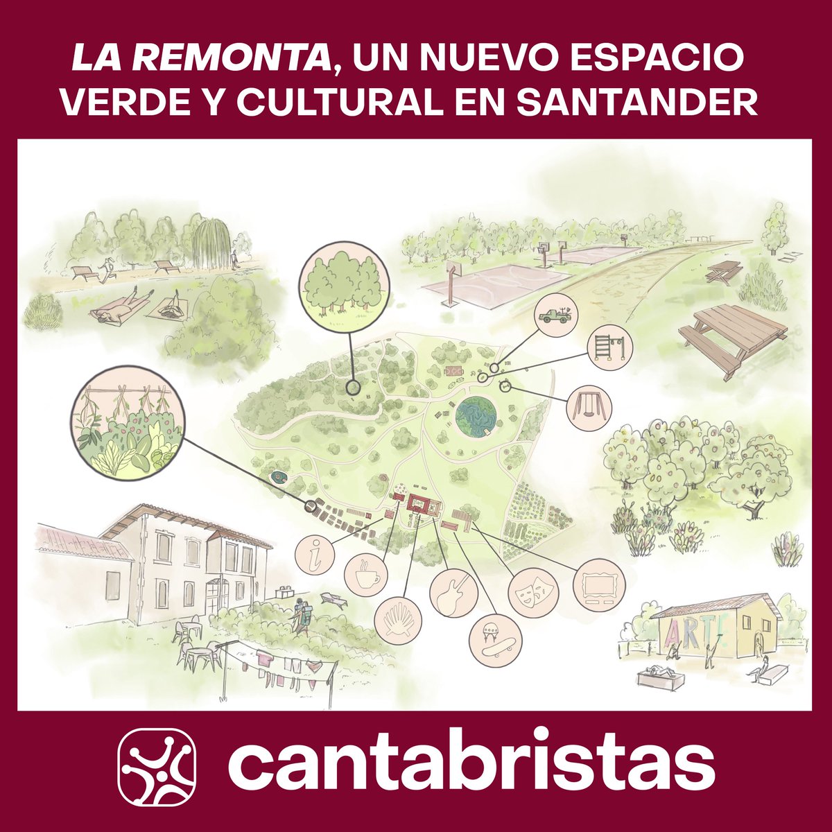 cantabristas_'s tweet photo. 💢 Así es nuestro proyecto de recuperación verde y cultural de la Remonta:

🌳🌿 Zona norte convertida en un gran espacio boscoso natural.
🥬🍅 Zona sur dedicada a la producción agropecuaria con huertas urbanas.
🎭🎨 Zona central rehabilitada como espacio cultural interartístico. https://t.co/3x8P68Jyuq