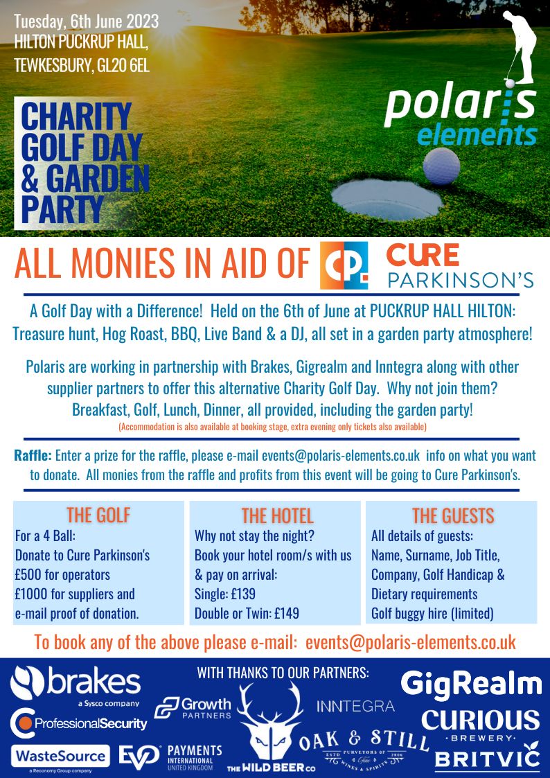 We are delighted to be supporting <a href="/PolarisElements/">Polaris</a> with their upcoming Charity Golf Day, held at Hilton Puckrup Hall on the 6th of June 2023. 

Want to get involved and help raise money for Cure Parkinson's? Email events@polaris-elements.co.uk. 

#CharityGolfDay