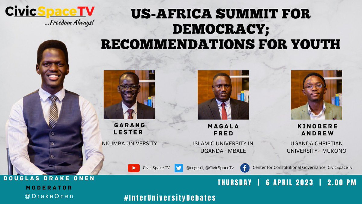 Today I will be live on @CivicSpaceTV  from 2PM having a discussion on the democratic system in Africa, the involvement of the youth and recommendations. @DrakeOnen @UCUniversity #interuniversitydebates