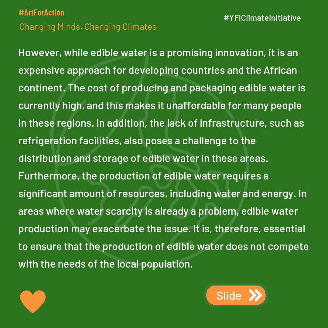yfinfluencers's tweet photo. Did you know that edible water is a climate resilient approach, but it can be expensive for developing countries and the African continent? Learn more in our latest blog post on Art For Action by Young Female Influencers. #ClimateResilience #EdibleWater #Sustainability https://t.co/VbQxrpOzMJ