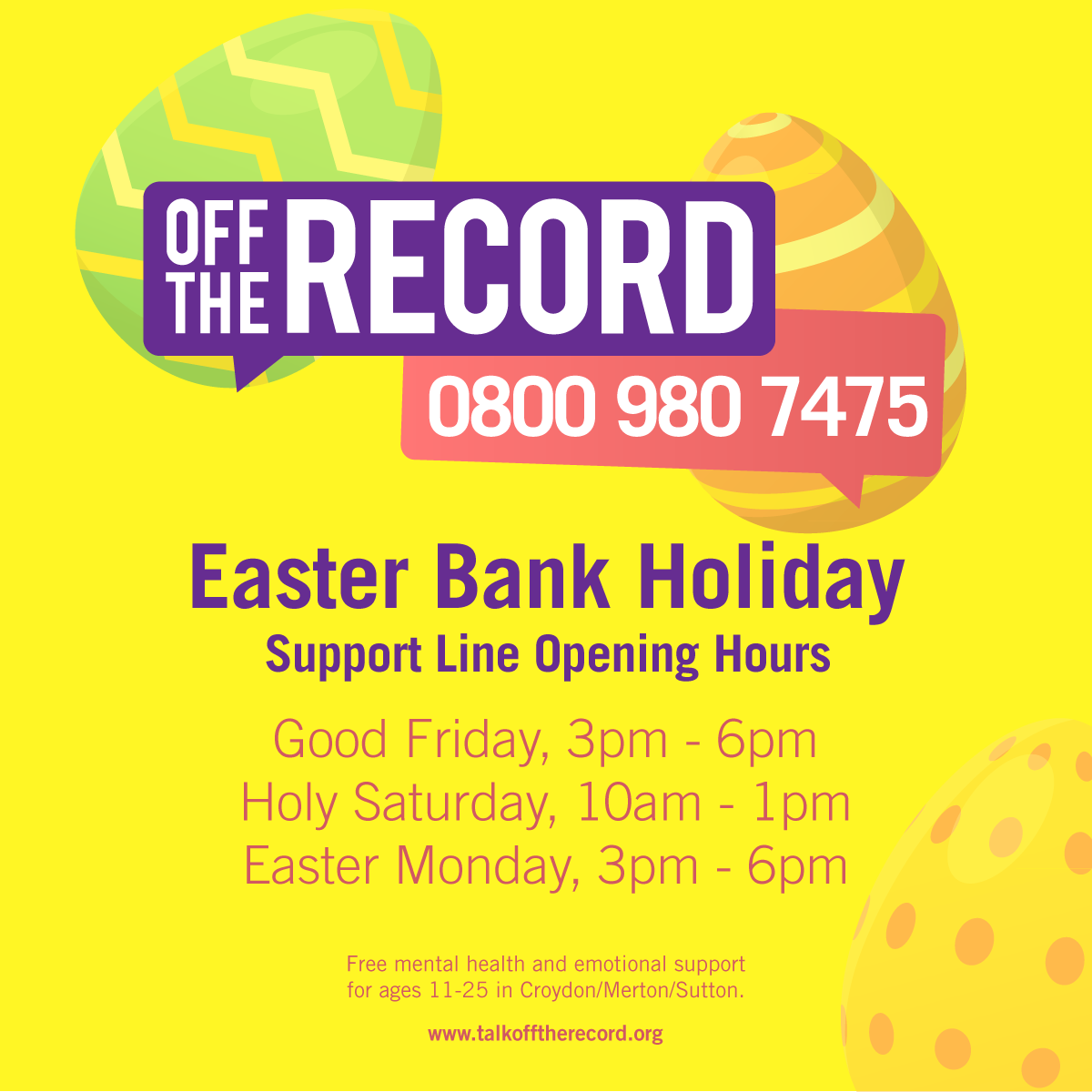 Our offices will be closed over the Easter Bank Holiday but our support line remains open on Friday, Saturday &amp; Monday. 

If you would like to talk to someone, you can call us to speak directly to a mental health practitioner. 💛

#sutton #croydon #merton #youngpeople