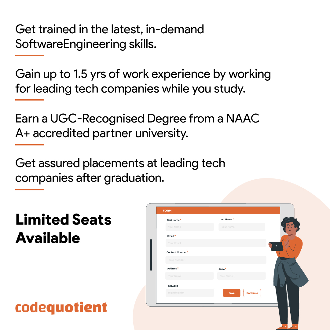 CodeQuotient's tweet image. Graduate with Software Engineering work experience by joining CQ-SEP and ensure a placement at leading tech companies soon after graduation without the hassle of job hunting.

Apply now at: codequotient.com/cq-sep

#CodeQuotient #CQSEP #SoftwareEngineeringProgram
