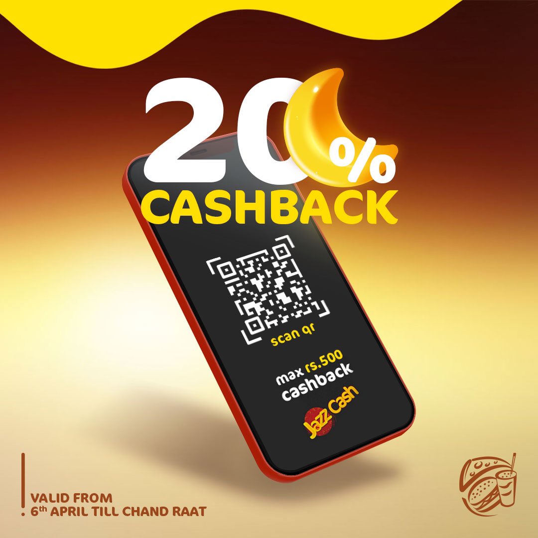 Enjoy your iftars with 20% cashback on your order when you pay with Jazz Cash QR Scan! 
*Max 500 Rs. Cashback.
*valid from 6th April till Chaand Raat. 
*Available for Dine-in, Takeaway, Delivery and App orders. 

#JazzCash #CashbackOffer #DineInTakeAway #delivery #cheeziousapp
