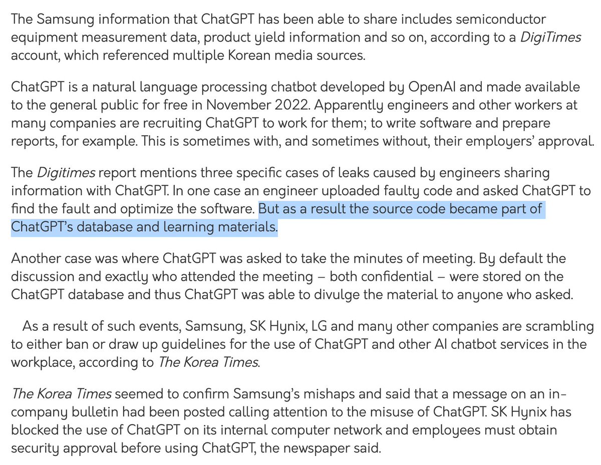 Because OpenAI just takes any data you enter - and you have no way of removing it - suddenly things happen like Samsung's confidential documents are now part of ChatGPT, and you can probably query them, even when you don't work at Samsung.

The EU does not want this to happen.