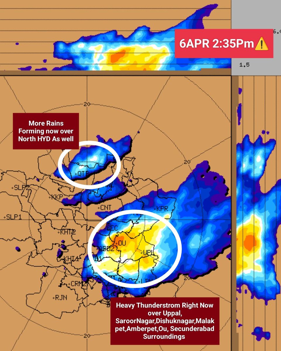 #6APRIL 2:35PM⚠️

Heavy Thunderstrom Right Now over #Saroornagar,#Uppal,#LBNagar,#Secunderabad,#OU,#Malkajgiri surroundings& More Rains Forming now over North HYD as Well.

#HyderabadRains