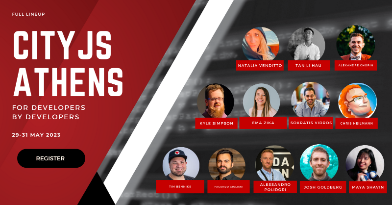 cityjsconf's tweet photo. CityJS Athens 🇬🇷 is back,  with 15+ speakers and Sun 🌞 &amp; meet in person: 

@anfibiacreativa @SokratisVidros @iamnuxt @lihautan @codepo8 @facundozurdo @ale_polidori @mayashavin @JoshuaKGoldberg @emazyka @philnash @timbenniks Kyle Simpson

Lowest priced conference in Europe