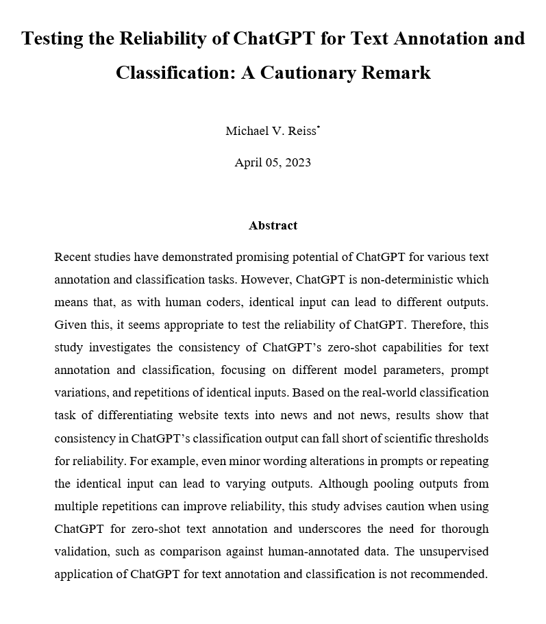 Can we use #ChatGPT for text annotation and classification? My analysis shows that ChatGPT’s outputs are not reliable, warranting caution for its application in zero-shot text classification. Some remarks (link below): 🧵