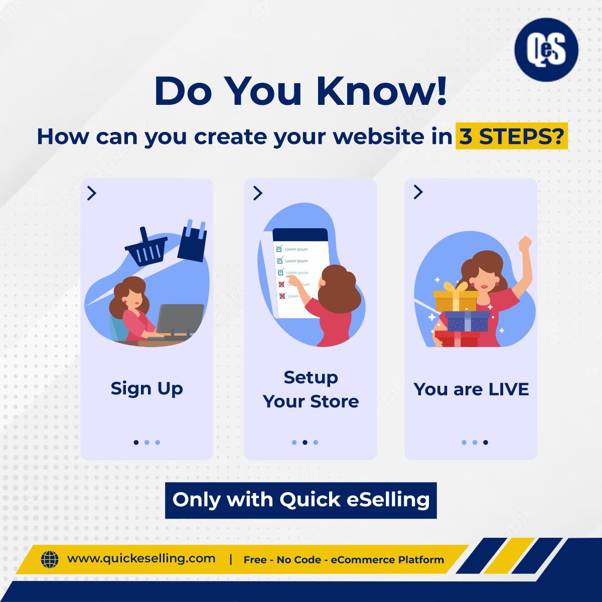Did you know that you can create your own website in just 3 easy steps with Quick eSelling?

#QuickESelling #CreateYourWebsite #3SimpleSteps #SignUp #SetupYourStore #YouAreLive #OnlineStore #BusinessWebsite #UserFriendlyInterface #CustomizableDesign #PowerfulMarketingTools