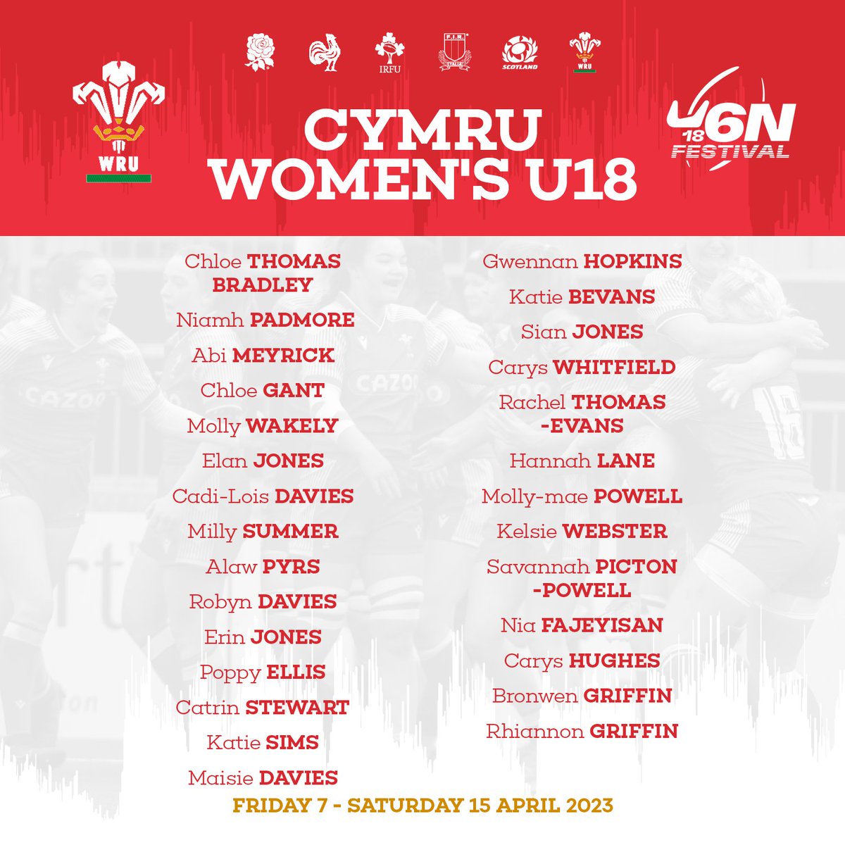 WelshRugbyUnion's tweet photo. 🏴󠁧󠁢󠁷󠁬󠁳󠁿 𝐂𝐘𝐌𝐑𝐔 𝐔𝟏𝟖 🏴󠁧󠁢󠁷󠁬󠁳󠁿

🏉 The men's and women's squads for the Six Nations Festival 👇

👊 Pob lwc!

#WelshRugby