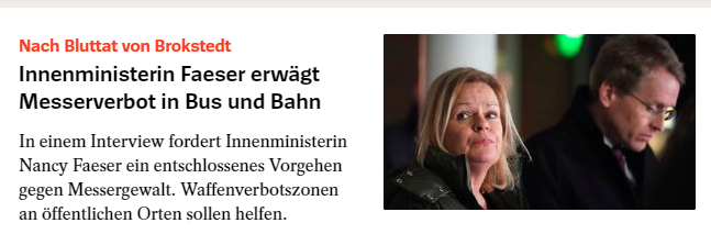 Ein typischer Beispiel von blindem Aktionismus: <a href="/NancyFaeser/">Nancy Faeser</a>, #Innenministerin. Kriminelle halten sich an #Gesetze und #Verbote? Das wäre mir neu! Oh - kein Messer heute? Na dann. Verhältnisse wie in den #USA, leider genauso wirkungslos. #Waffenverbotszone #Brokstedt