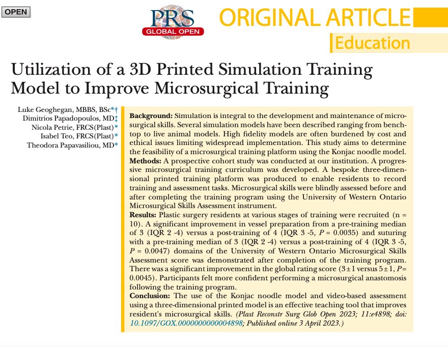 Dr Theodora Papavasiliou (@doctheodora) on Twitter photo Exciting paper published <a href="/PRSGlobalOpen/">PRS Global Open</a> by <a href="/LukeGeog1/">Luke Geoghegan</a> and the rest of the team from <a href="/OUHospitals/">OUH</a> Plastic Surgery Department on the application of a 3D printed Simulation Model for Microsurgical Training!
Check out the full article:
journals.lww.com/prsgo/Fulltext… Exciting paper published <a href="/PRSGlobalOpen/">PRS Global Open</a> by <a href="/LukeGeog1/">Luke Geoghegan</a> and the rest of the team from <a href="/OUHospitals/">OUH</a> Plastic Surgery Department on the application of a 3D printed Simulation Model for Microsurgical Training!
Check out the full article:
journals.lww.com/prsgo/Fulltext…