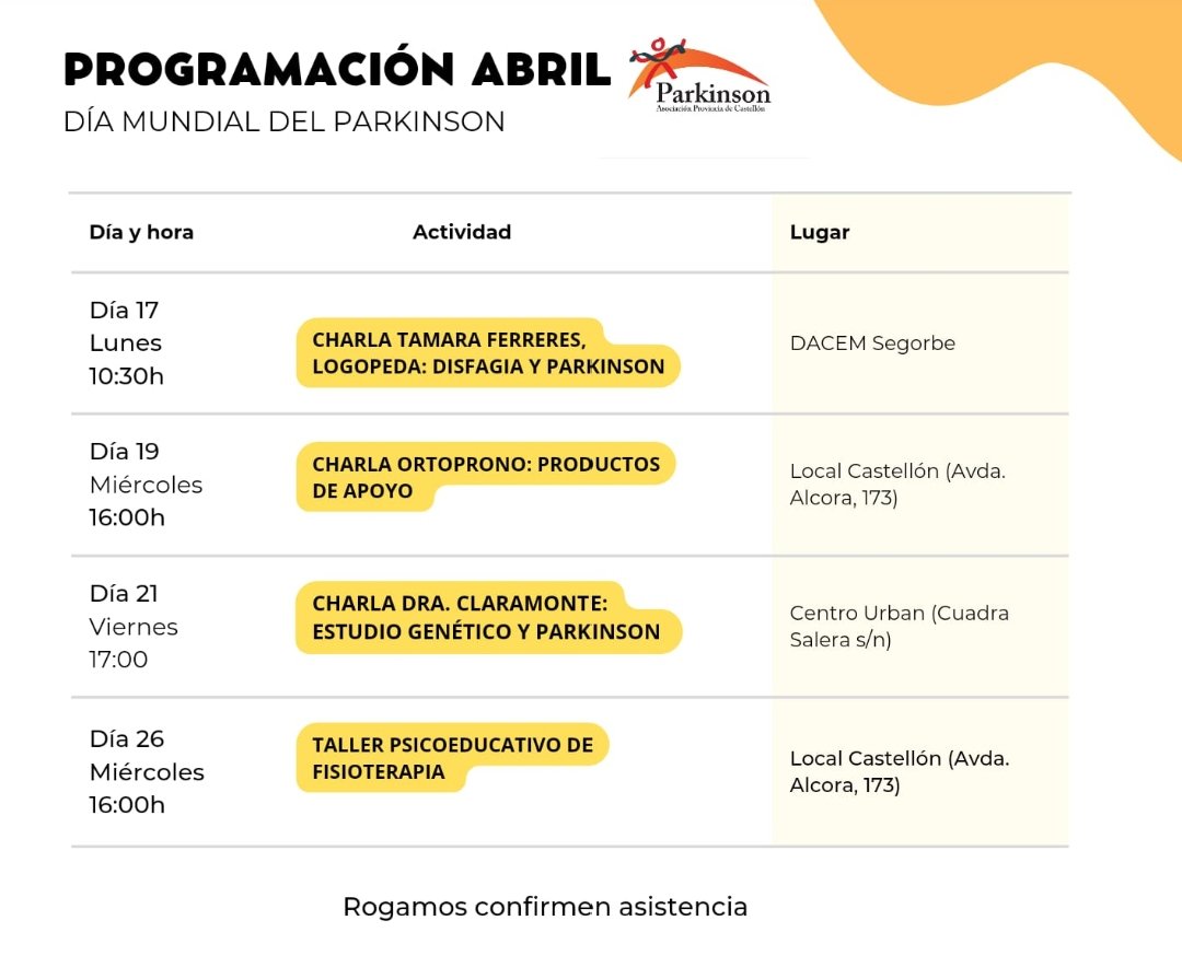 📌Os presentamos la programación de actividades planificadas para la conmemoración del Día Mundial del Parkinson. Esperamos que os resulten interesantes! 💡📚 Aprovechamos para informaros de que la Asociación permanecerá cerrada del 7 al 16 de abril. Felices Pascuas!🐰🪁