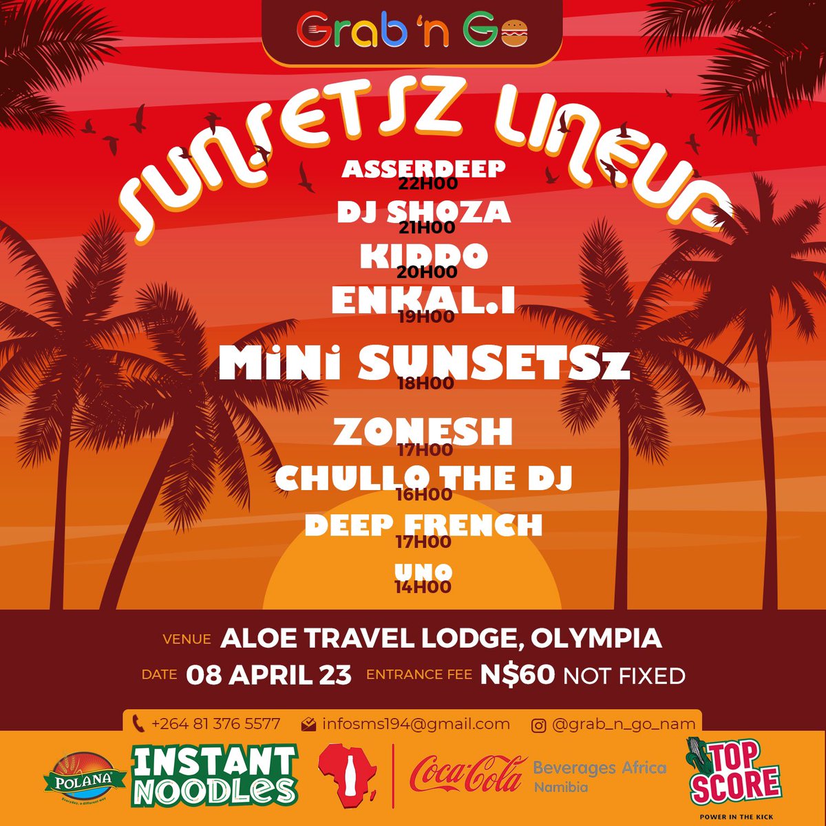 🌅 SUNSETSz LINEUP 🌅

              🥯 G r a b  ‘n  G O 🥯

             🌴 08 April 2023 🌴