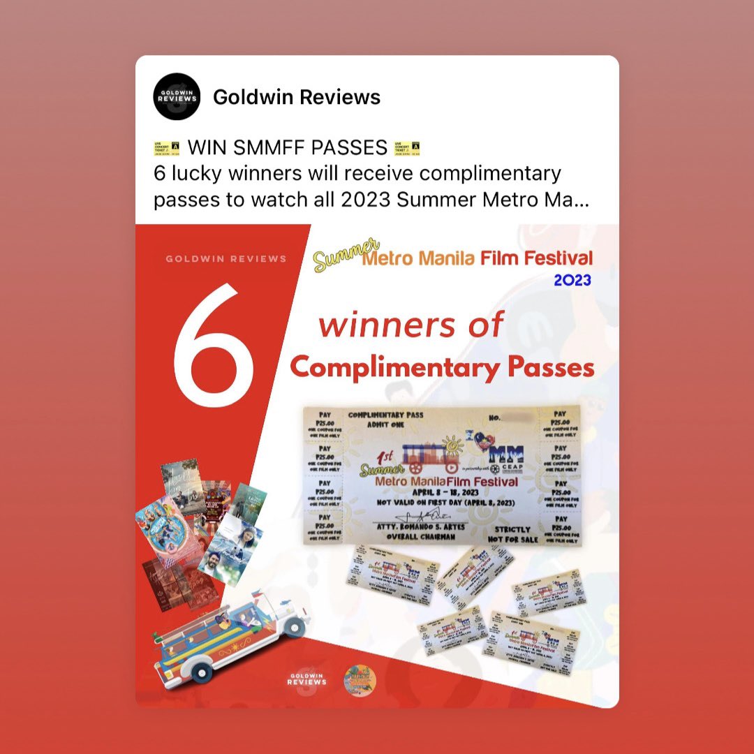 🎫 WIN SMMFF PASSES 🎫 

Check out @GoldwinReviews FACEBOOK PAGE for a chance to win complimentary passes to the #SummerMMFF2023.

 #APAG #SingleBells #AboutUsButNotAboutUs #YungLibroSaNapanuodKo #Unravel #KahitMaputiNaAngBuhokKo #LoveYouLongTime #HereComesTheGroom