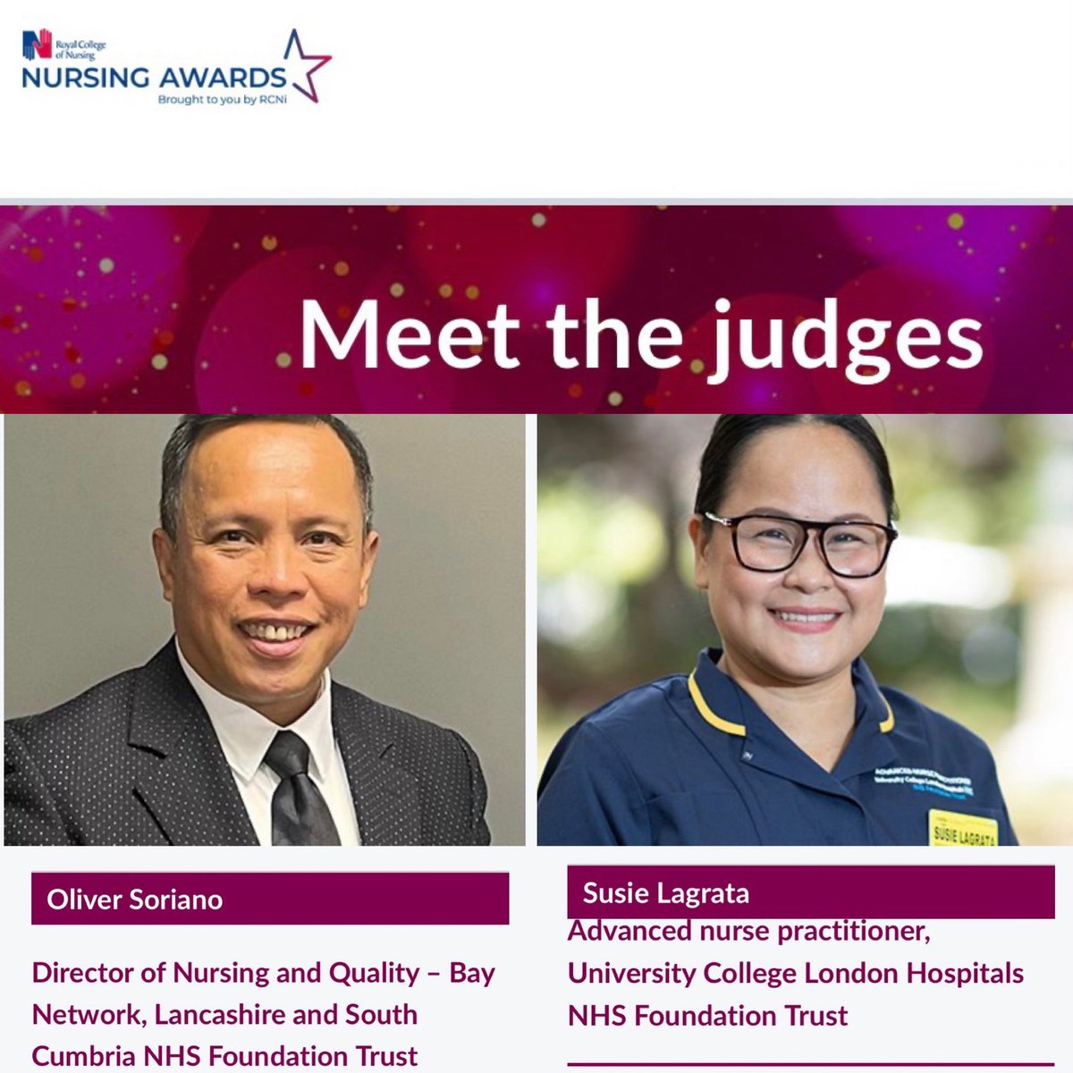 We are delighted that 2 of our members are part of the illustrious line up of the prestigious #RCNawards  judging panel.

We encourage everyone to submit their entry now & show how your practice improved patient care.
Entries for #RCNawards close 28 April.
rcn-nursing-awards.co.uk