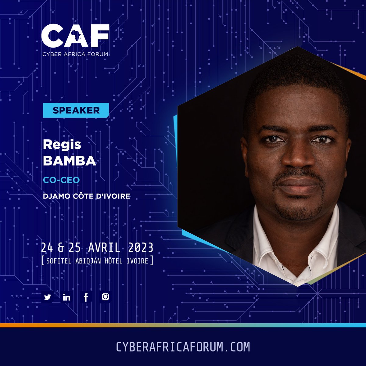 CAF_forum's tweet photo. [#Annoncespeaker] Nous avons l’honneur de vous annoncer que @regisbamba, co-dirigeant de la Fintech @djamoci, sera l’un des intervenants lors du #CAF2023. Rejoignez-nous les 24 et 25 avril au Sofitel Abidjan Hôtel Ivoire  ➡️Inscription via ce lien : https://t.co/1eeesM71If https://t.co/n2C3RHjGWB
