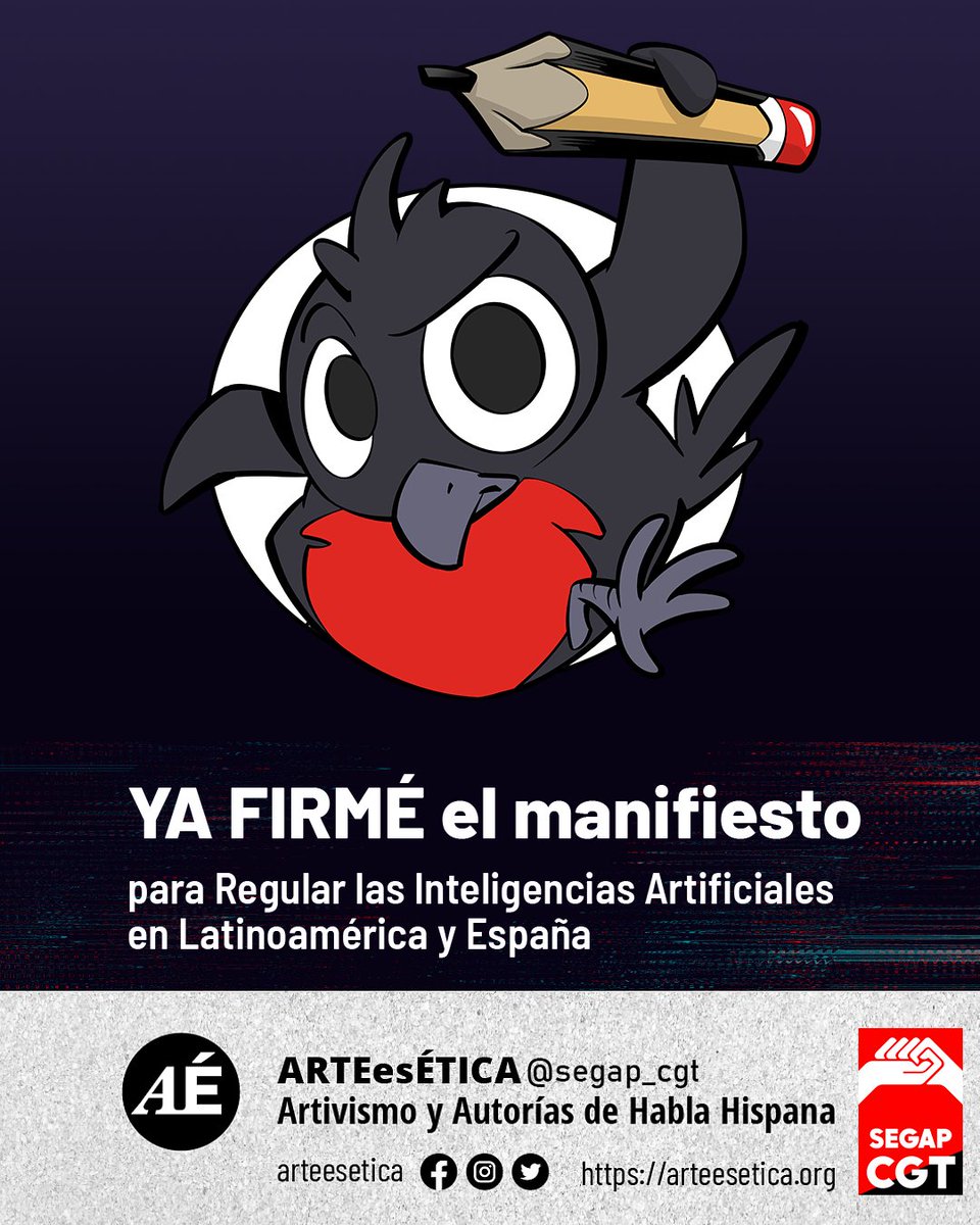 segap_cgt's tweet image. Presentamos junto a @ArteEsEtica el manifiesto para regular las IAs generadoras de imágenes en países de habla hispana y su recogida de firmas.

Se empezó a mover ayer y ya llevamos más de 500 firmas.

chng.it/Nb6WDHJB

Dibujo: Sergi San Julián
Diseño: @naidajazmin8a