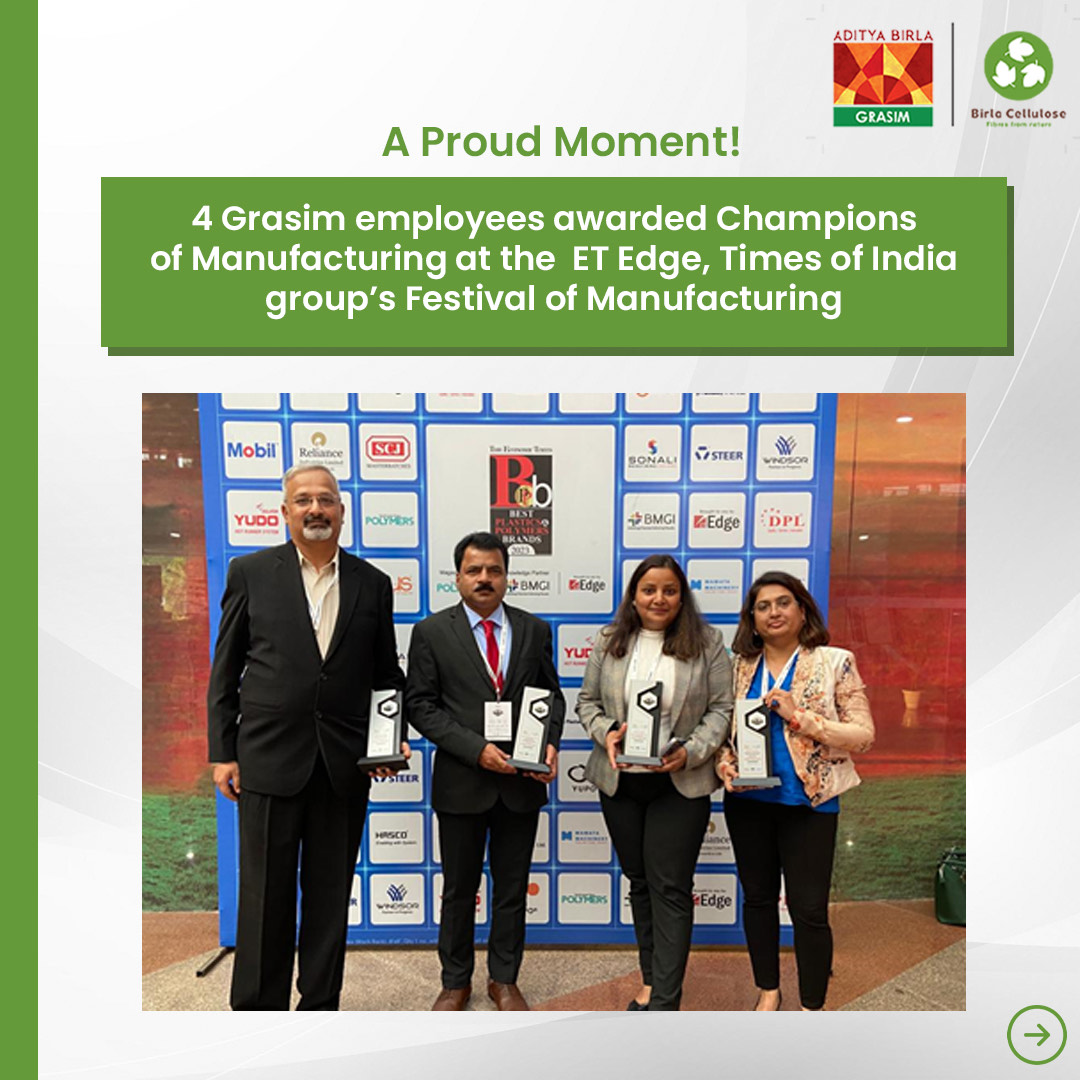 GrasimInd's tweet photo. Congratulations "Champions of Manufacturing"
Ashmita Panchal - AVP, BC Kharach
Shailley Garg, AVP, GCD, Vilayat
Sushil Gupta – VP – Technical, BC Kharach
Mallanagouda Patil, DGM, Grasilene Division – Harihar
#EconomicTimes #Awards #manufacturing #ETFOM #Birlacellulose https://t.co/HZem7i6N4S