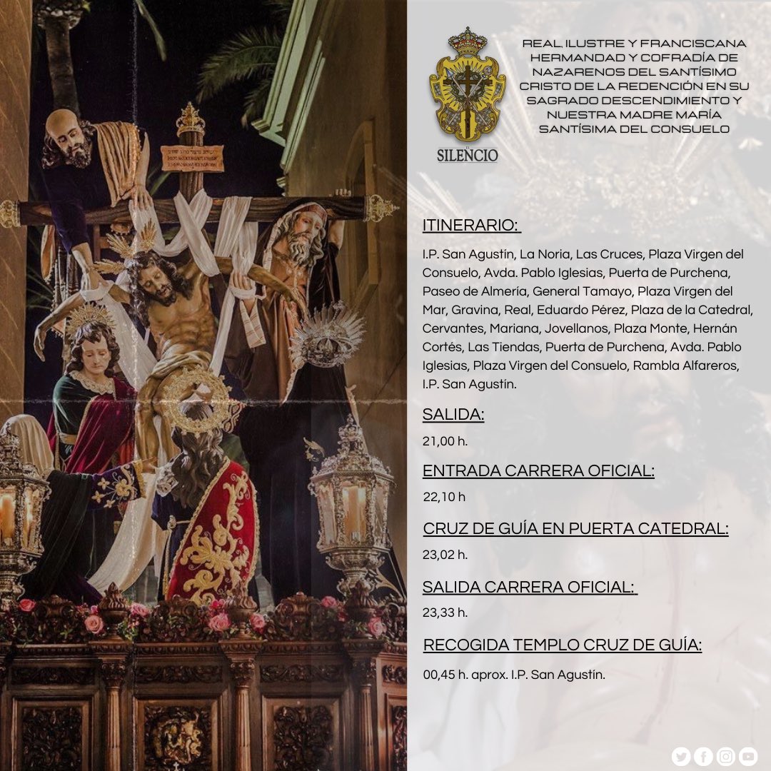 sacraredemptio's tweet photo. 🔔 AGENDA | Hoy, Jueves Santo acompañaremos al Santísimo Cristo de la Redención en su Sagrado Descendimiento de @SilencioAlmeria.

Buena estación de penitencia hermanos, porque ya es ¡Jueves Santo!. https://t.co/iiyV1giN3y