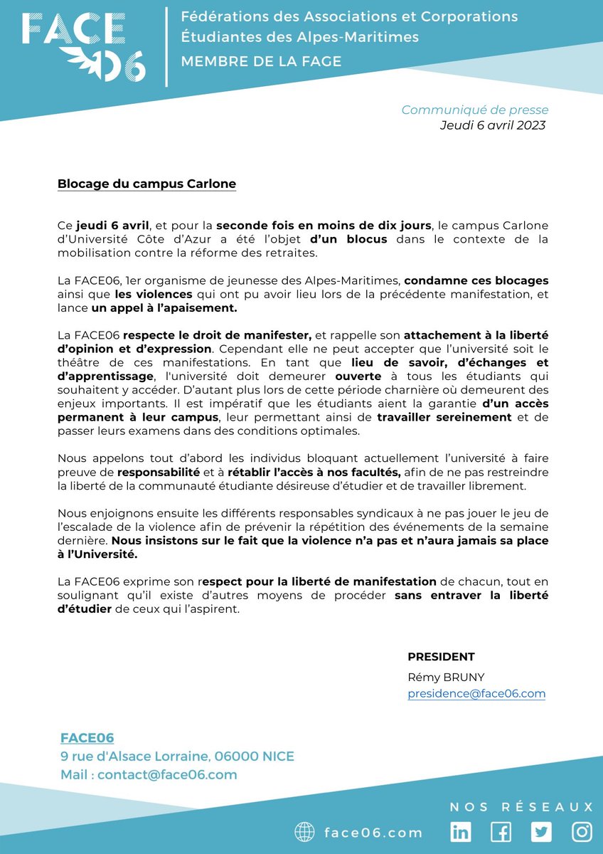 La FACE06 condamne fermement les récents #blocages du campus #Carlone d' <a href="/Univ_CotedAzur/">Université Côte d'Azur</a> et appelle à l'apaisement.

Nous rappelons le droit de manifester mais l'université doit demeurer ouverte à tous les étudiants qui le souhaitent.

#UniversitéCotedAzur #FACE06