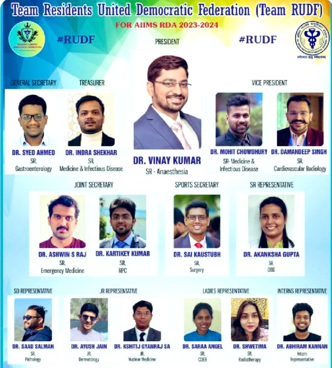 FordaIndia's tweet photo. Many congratulations to @AIIMSRDA for their new office bearers, led by their President @drvinay_aiims

We wish them the very best for their tenure ahead. #RUDF 

Our sincere congratulations to the other two teams who participated in the elections as well. Well fought! 👏🏻
@ANI @Iam_Ayushmann @hemantrajora_ @Xpress_edex @DrSaurav5 @aiims_newdelhi @soumya_pillai 
#MedTwitter