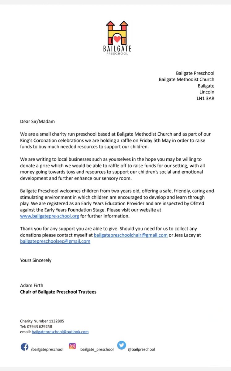 BailPreschool's tweet photo. ** Are you able to donate a prize for our preschool coronation raffle? ***

If you'd be willing to help please contact the emails in the letter, or DM us on here! 

#lincsconnect #bailgate #bailgatelincoln #smallbuisness #charity #Lincolnshire #bailgatebees #donations https://t.co/DJiD0293WG