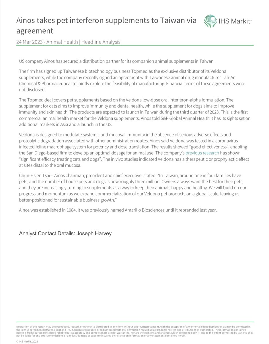AinosInc's tweet photo. Our CEO shared some interesting insights with @JHJournalist with the @SPGlobal recently when he discusses the commercialization of Veldona pet products and how we plan to expand it globally. Check out the full story below.  #petHealth #animalhealth #interferon $AIMD $AIMDW https://t.co/MnnQOFNq1L
