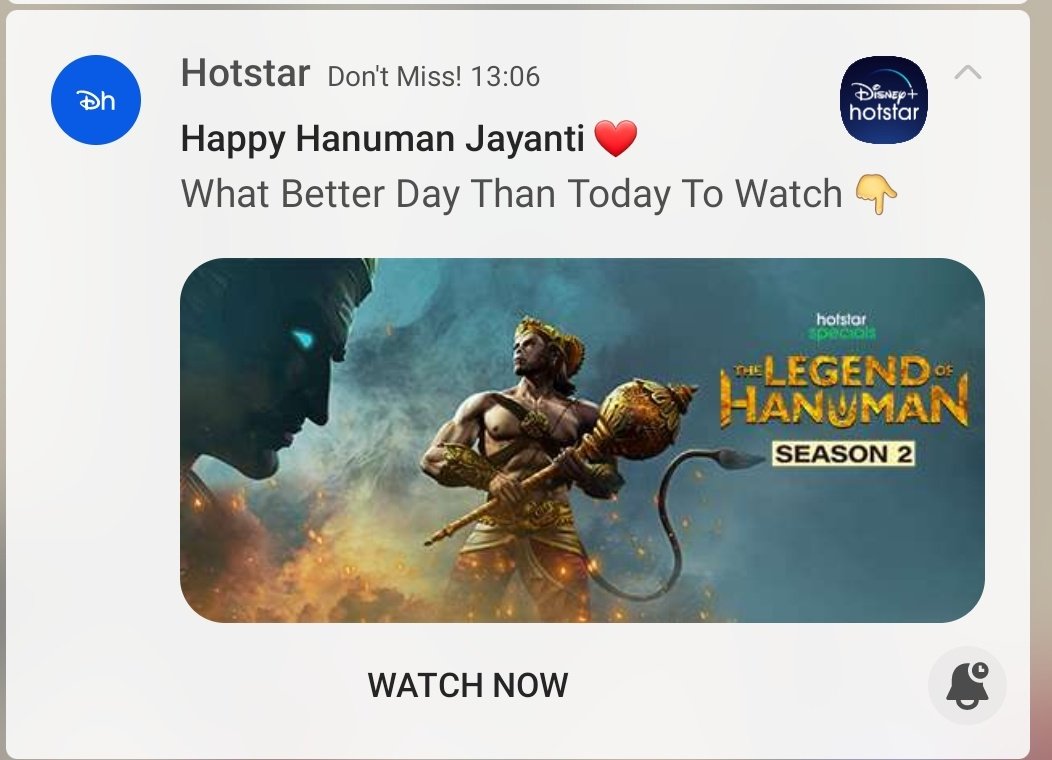 ArjunG11's tweet photo. Dear @DisneyPlusHS @DisneyPlusID 
There is nothing called Hanuman Jayanti, it's Shri Hanuman Janmotsav.
Jayanti is celebrated of those who are mortals/dead and it is religiously believed that Lord Hanuman is immortal. Kindly rectify these notifications.
#Hinduism #SanatanDharma https://t.co/hEsdgpxvJo
