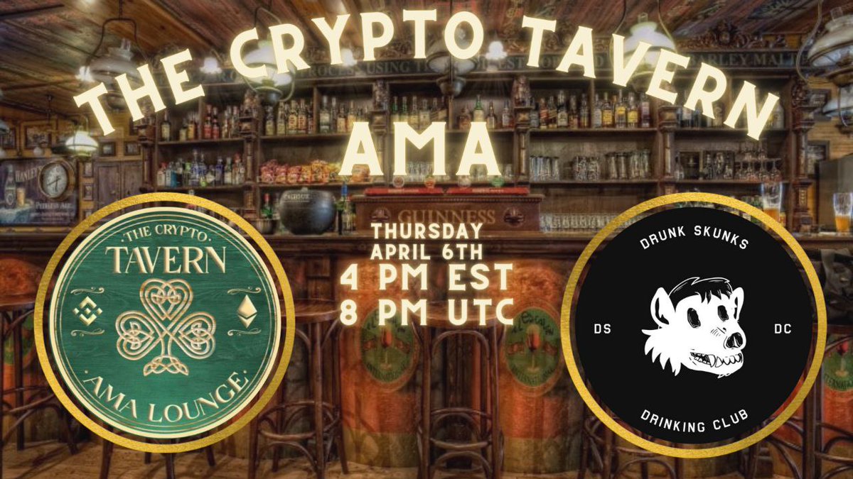 Join us for a Crypto Tavern t.me/TheCryptoTavern AMA
Thursday, April 6th

1 pm EST / 5 pm UTC 
Project: Agritech <a href="/AgritechAI/">Agritech | Next-Gen AAI and Scalability | 🌐 #AGT</a> 

4 pm EST / 8 pm UTC 
Project: Drunk Skunks Drinking Club <a href="/DrunkSkunksDC/">Drunk Skunks Drinking Club</a>