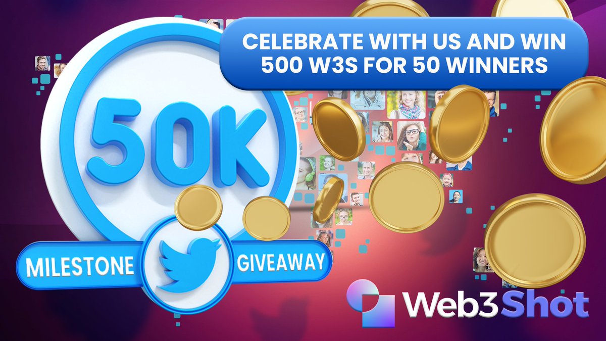 Web3_Shot's tweet photo. 🎉 Twitter Milestone Giveaway 🎉  

To celebrate surpassing 50,000 followers, we are giving away 500 $W3S to 50 lucky winners 🎁

Date: April 6 - Apr 8⏳  

Required 
⚡️Follow @Web3_Shot, like, RT& tag 3 friends  
⚡️Join our Telegram https://t.co/94kj8SV807  

#Giveaway #Giveaways