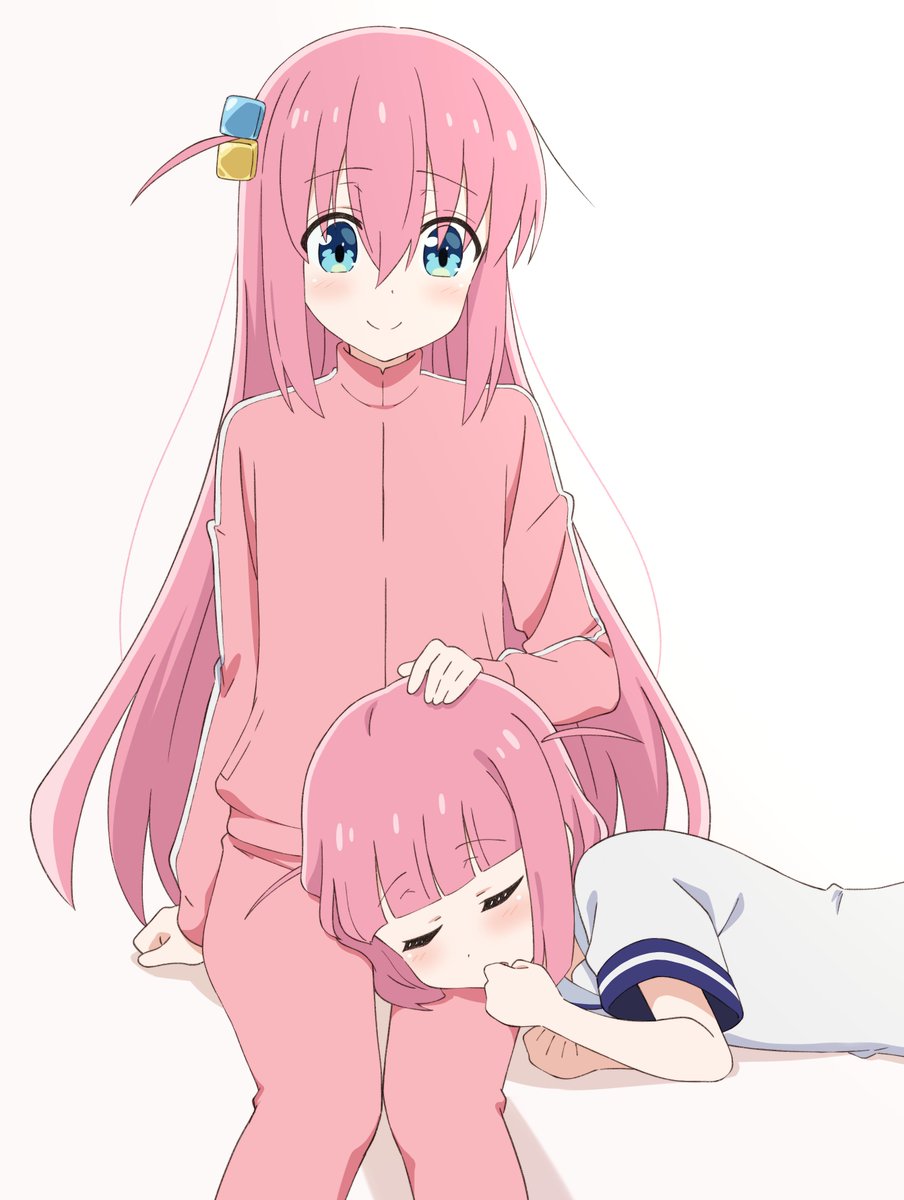 gotou hitori multiple girls cube hair ornament 2girls pink hair track jacket lap pillow long hair  illustration images