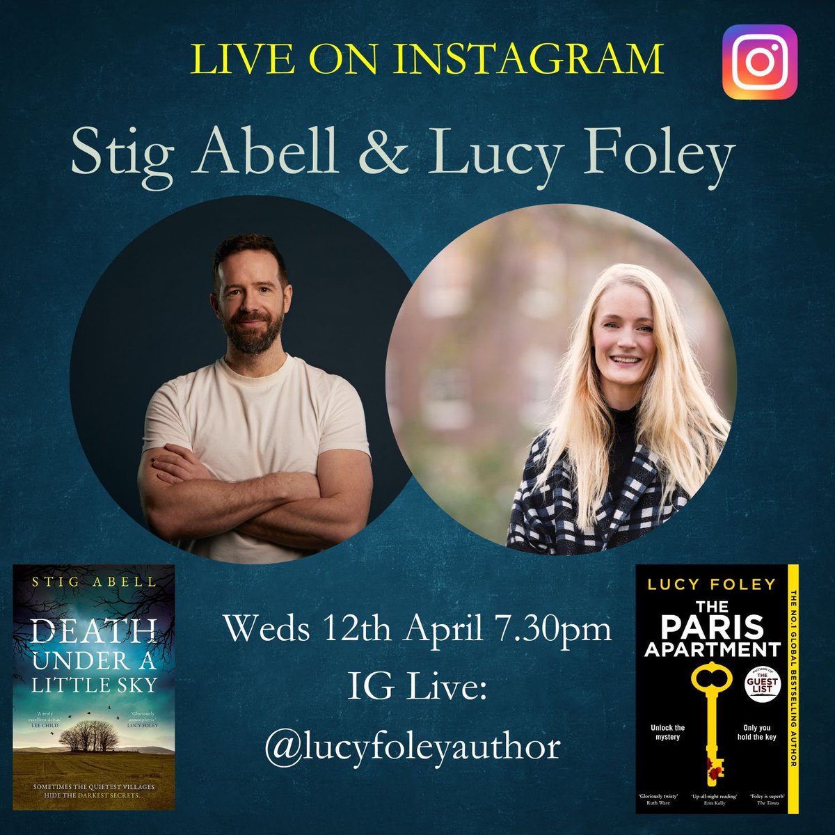 Excited to talk to @StigAbell about #DeathUnderALittleSky over on Instagram next week. Tune in if you’re looking for your next great read or just fancy hearing us chat about our favourite thrillers, heroes of the genre and top tips for writing crime: instagram.com/lucyfoleyautho…