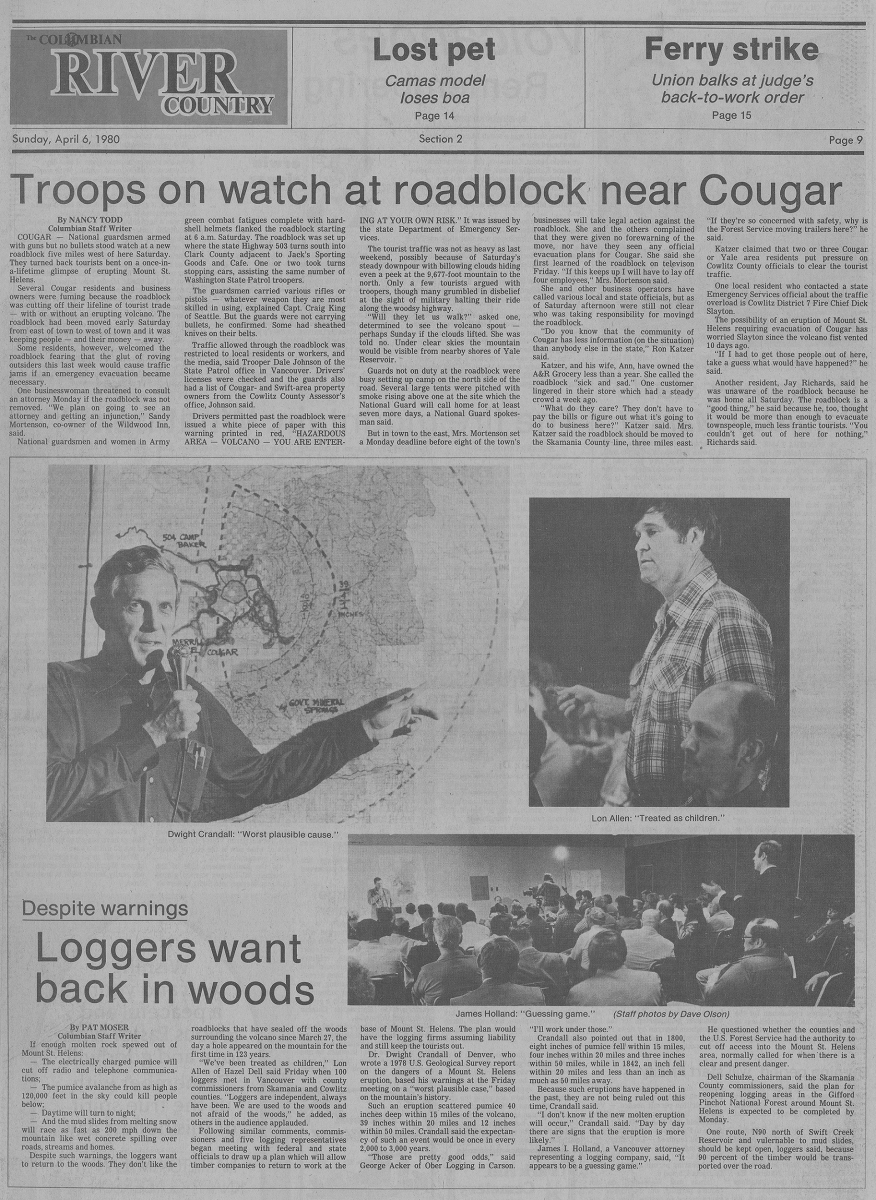 #43YearsAgo at #MountStHelens: Apr 6, 1980
Closures unpopular. At community mtg, USGS discusses possible hazards (mudflows, ashfall). But nothing major has happened &amp; people grumble about access, willing to accept personal risk. FS sees a clear &amp; present danger, keeps rds closed.