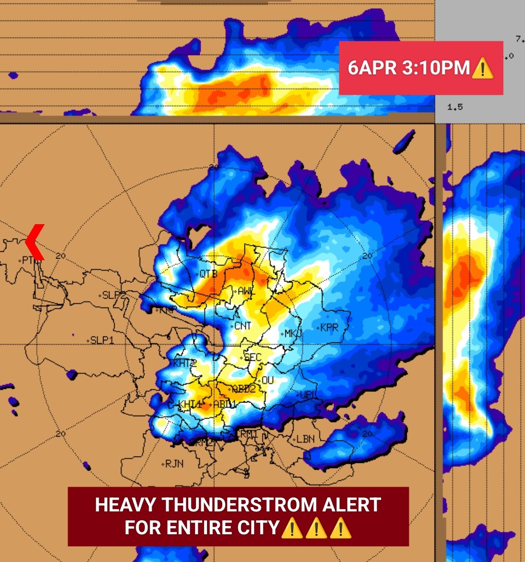 #6APRIL 3:10PM⚠️

HEAVY RAIN ALERT!!⚠️⚠️ 

👉During Next 2Hrs Entire #Hyderabad City will see Heavy Thunderstroms⛈️💨 with Isolated Hails🧊 in Few Places.

Stay ALERT & Avoid Unnecessary Travels.

#HyderabadRains